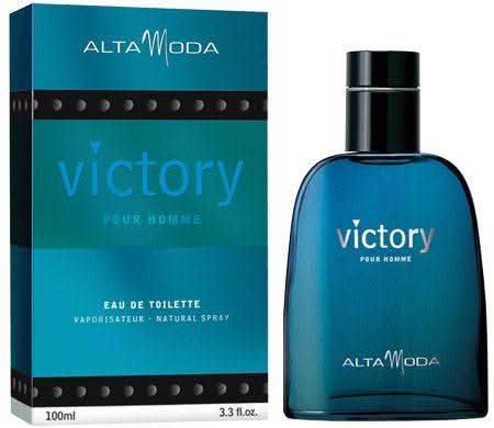 Victory for Men EDT by Alta Moda in a 100ml bottle, displayed with a velvet pouch, showcasing the sleek perfume packaging.