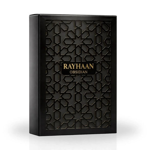 Rayhaan Obsidian Eau de Parfum spray 100ml bottle with sleek black design and elegant branding displayed.