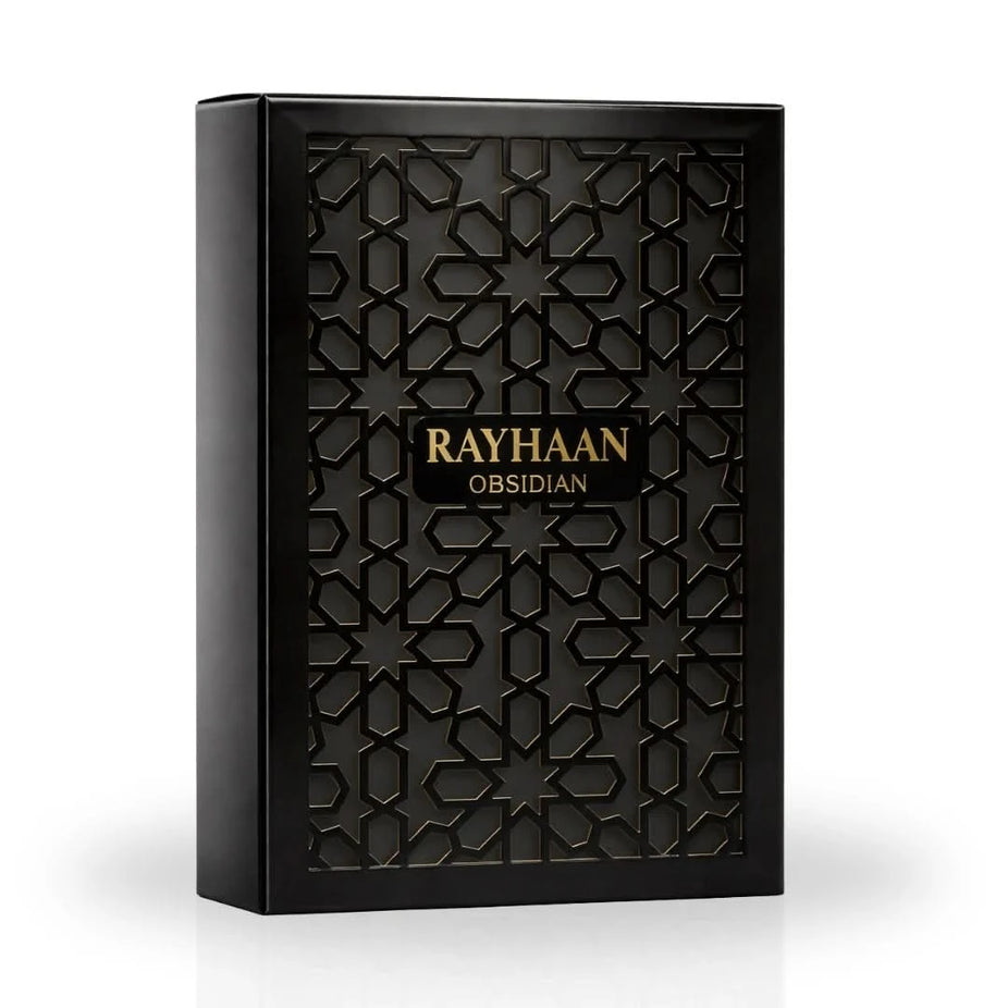 Rayhaan Obsidian Eau de Parfum spray 100ml, featuring a sleek black bottle with elegant branding and a modern fragrance design
