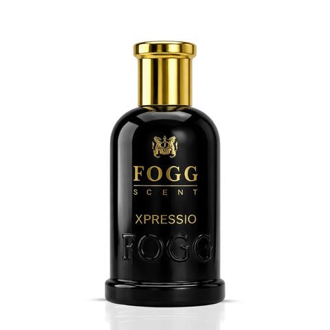 Fogg Xpressio for Men Eau de Parfum spray 100ml bottle with sleek design and metallic cap, placed on a white background.