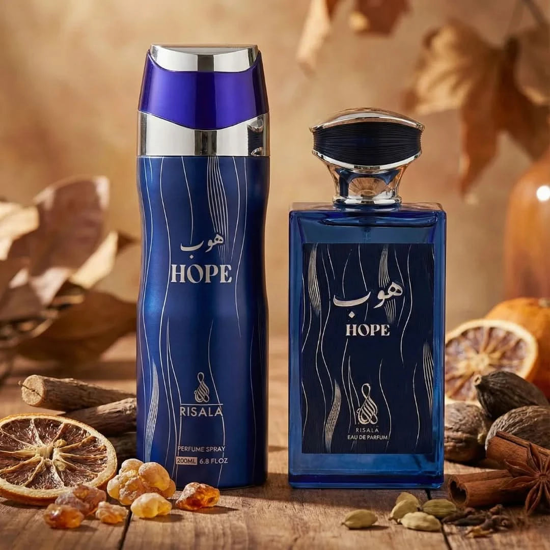 RISALA Hope Eau De Parfum spray and perfumed body spray bundle, 100ml and 200ml bottles, with elegant packaging.
