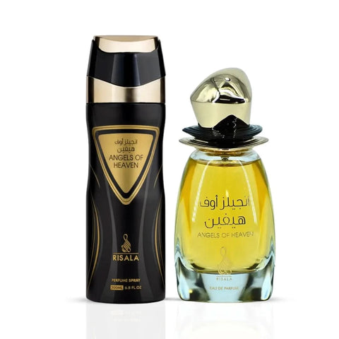 RISALA Angels Of Heaven perfume and body spray bundle with 100ml Eau de Parfum and 200ml perfumed body spray.