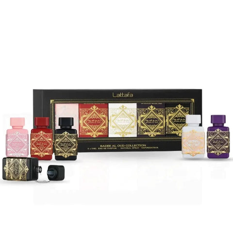 Lattafa Bade'e Al Oud Eau De Parfum Mini Gift Set with five 5ml bottles, elegant packaging, and luxurious fragrance display.