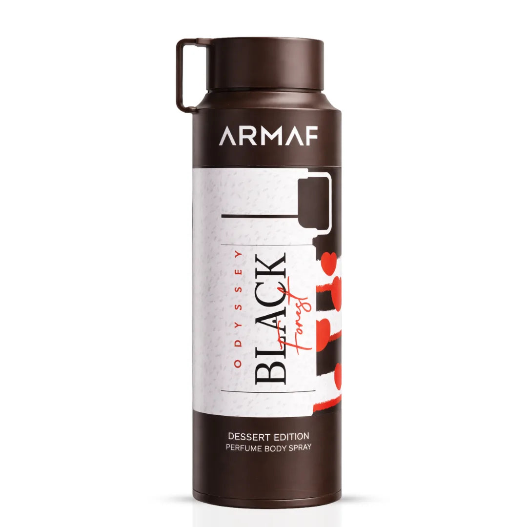 Odyssey Black Forest perfumed body spray by Armaf, 200ml deodorant with a sleek black bottle and floral scent accents.