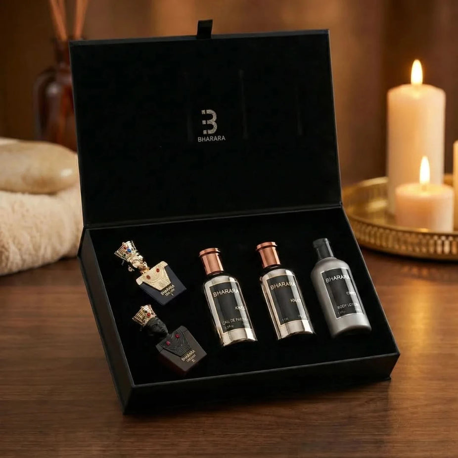 Bharara King 5-piece fragrance gift set with elegant bottles and packaging, featuring various scents by BHARARA.