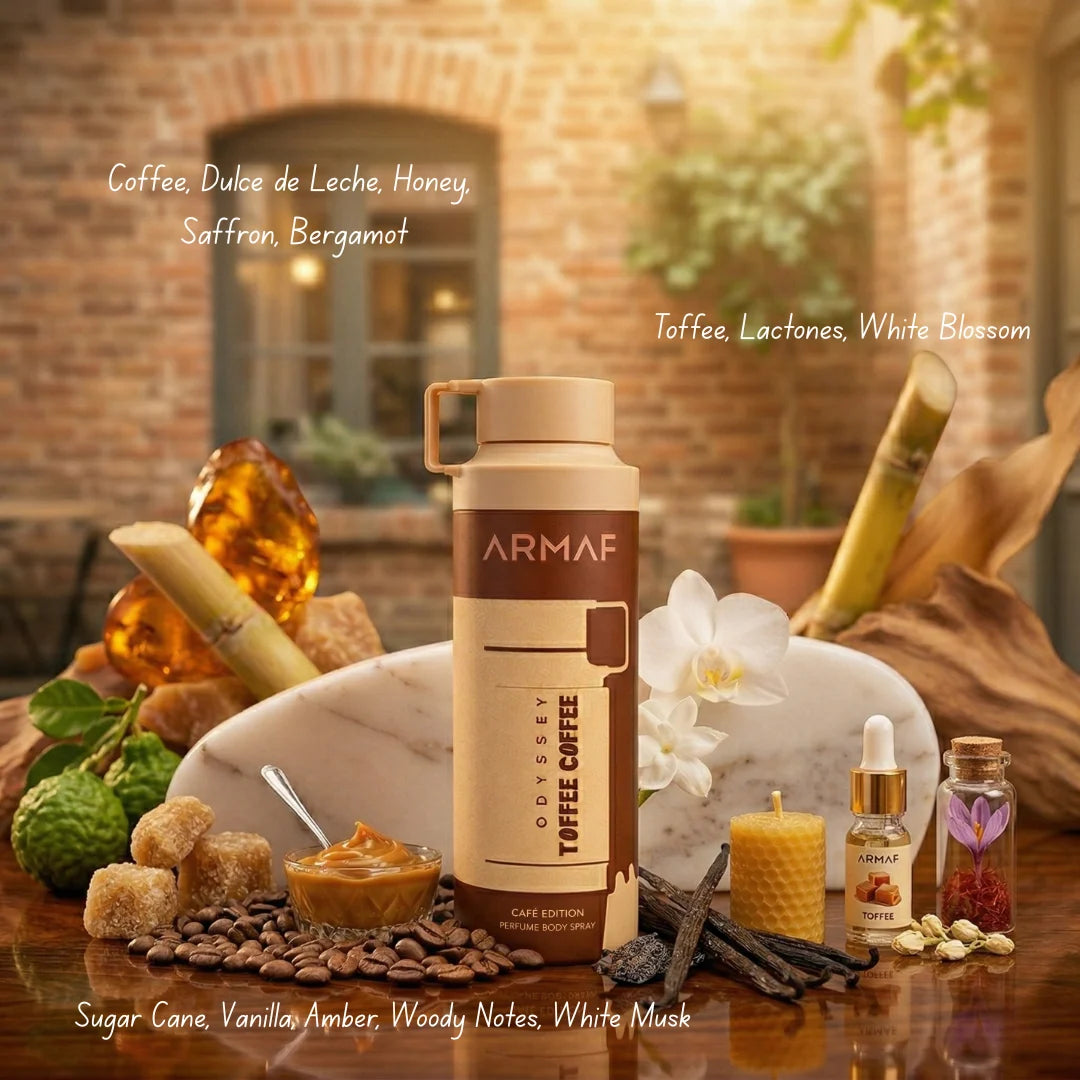 Odyssey Toffee Coffee scented body spray by Armaf, 200ml deodorant bottle with a sleek design and aroma details visible.