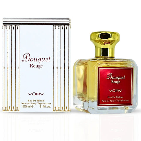 Vurv Bouquet Rouge Eau de Parfum spray bottle, 100ml, with elegant red floral design and sleek glass packaging.