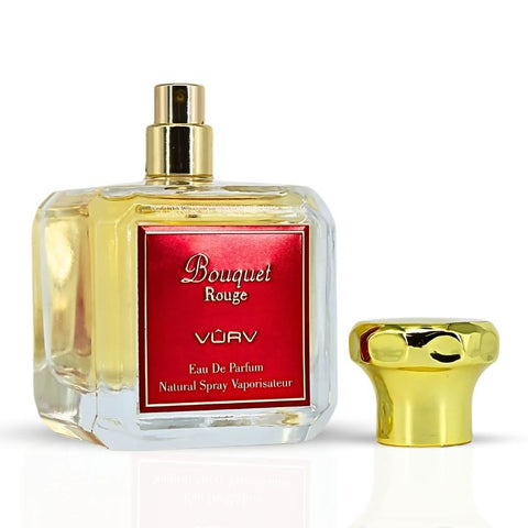 Vurv Bouquet Rouge Eau de Parfum spray 100ml bottle with elegant floral design and vibrant red accents.