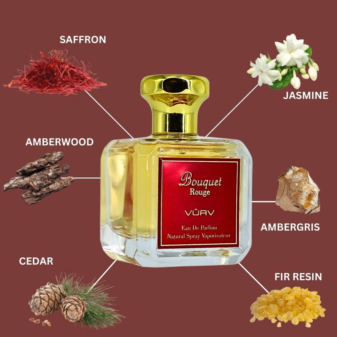 Vurv Bouquet Rouge Eau de Parfum spray 100ml, elegant fragrance bottle with floral design.