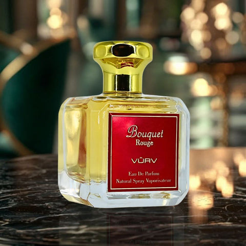 Bouquet Rouge Eau de Parfum spray by Vurv, 100ml bottle with elegant floral design and vibrant red accents.