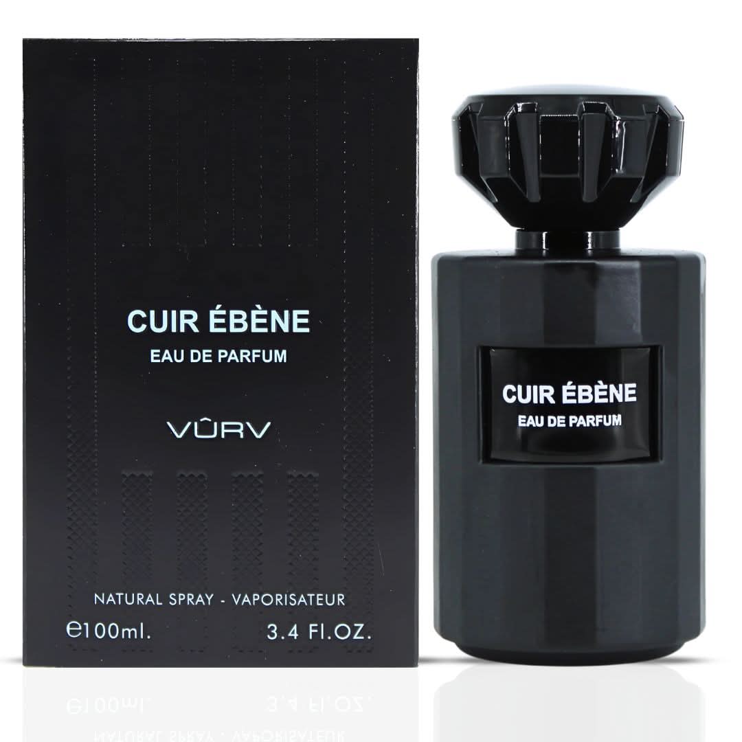 Vurv Cuir Ebene Eau de Parfum 100ml bottle and box, featuring elegant packaging and dark glass perfume bottle.