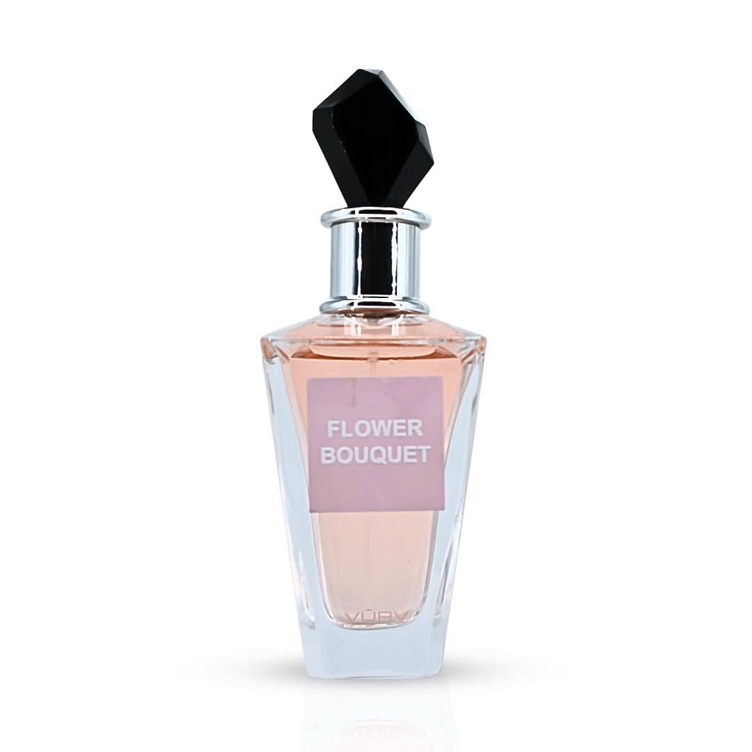 Vurv Flower Bouquet Eau de Parfum spray 100ml bottle with floral-themed cap, showcasing elegant perfume packaging.