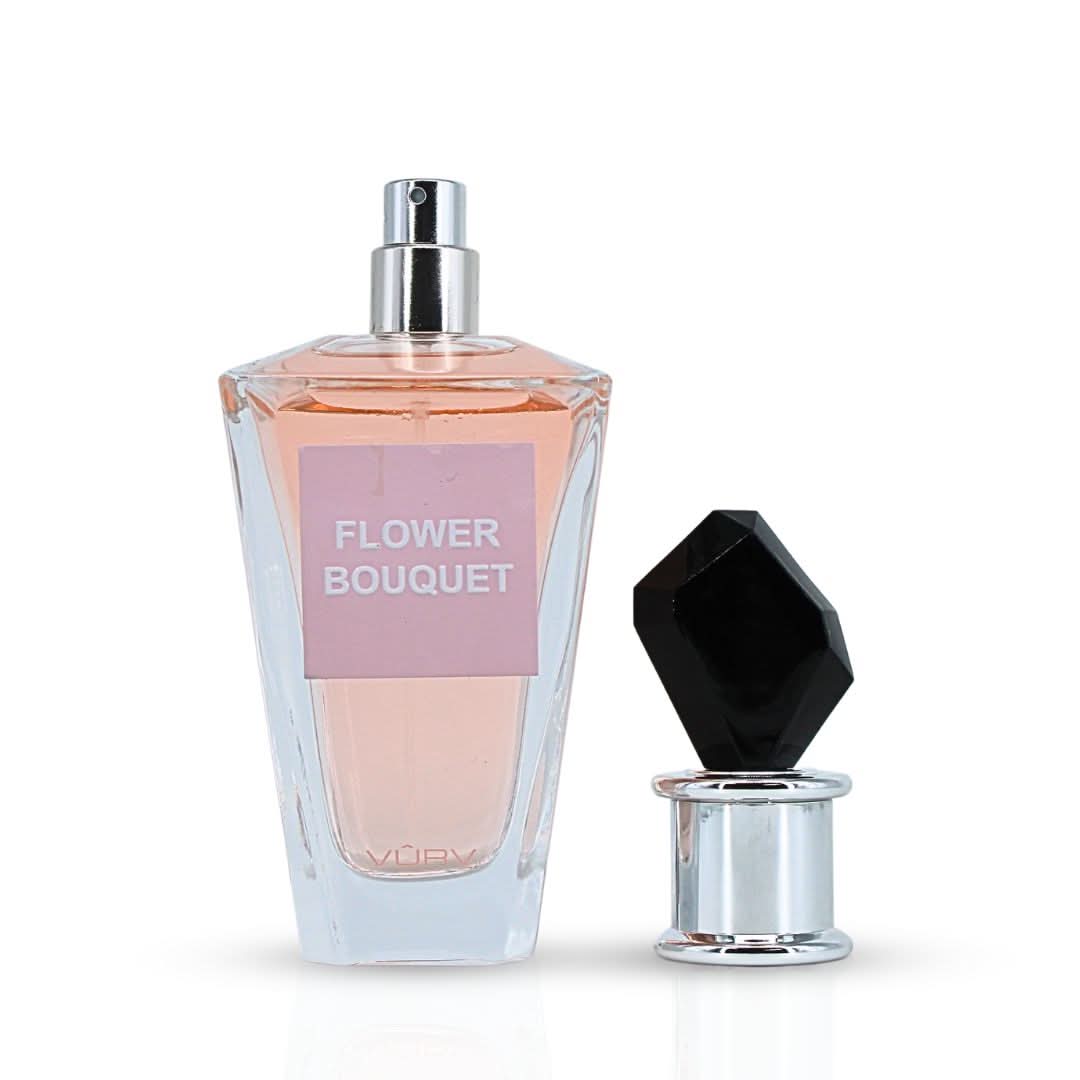 Vurv Flower Bouquet Eau de Parfum spray bottle, 100ml, with floral-themed packaging and elegant design.