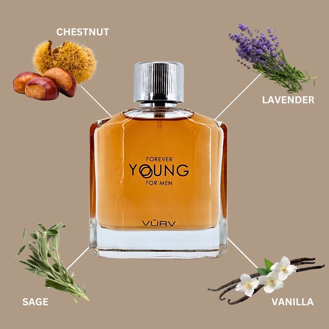 Vurv Forever Young Eau de Parfum spray 100ml bottle, front view showcasing sleek design and elegant packaging.