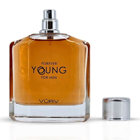 Vurv Forever Young Eau de Parfum spray 100ml bottle, elegant packaging, natural floral and fruity scent.