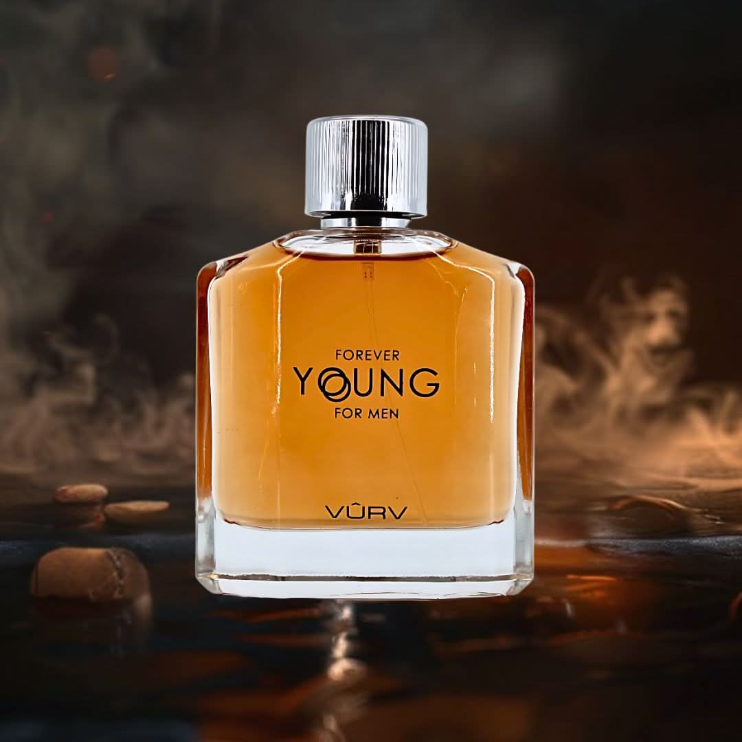 Vurv Forever Young Eau de Parfum spray in a clear glass bottle, 100ml (3.4 oz), with a sleek design.