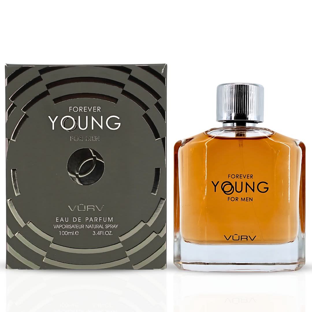 Vurv Forever Young Eau de Parfum spray bottle 100ml, elegant fragrance for women, with a sleek design.