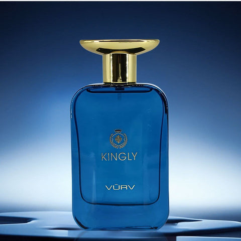 Vurv Kingly Eau de Parfum for Men 100ml bottle with black cap and packaging, stylish and modern men's fragrance spray