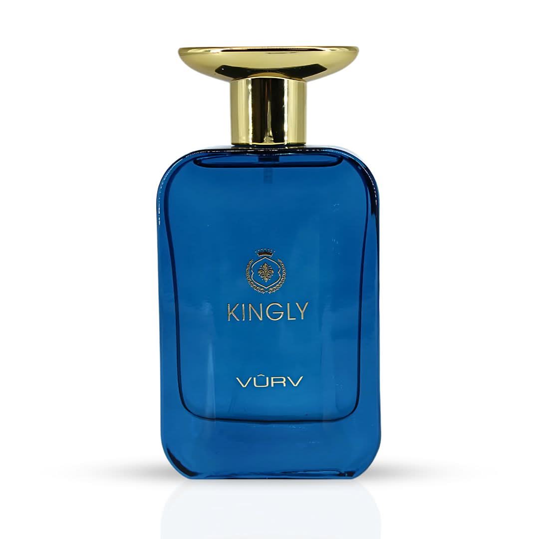 Vurv Kingly Eau de Parfum Spray for Men, 100ml bottle with gold accents, featuring sleek design and luxurious scent.