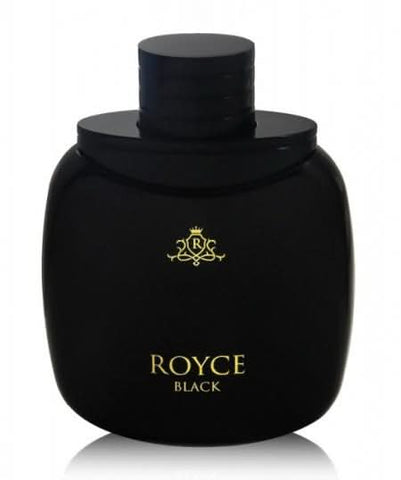 Vurv Royce Black For Him Eau De Parfum 100ml bottle, sleek black design with silver accents, men's fragrance.