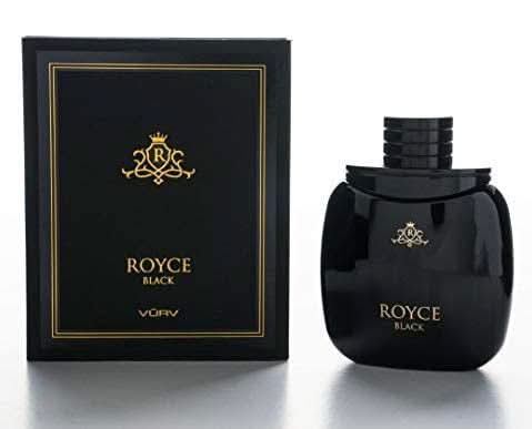 Vurv Royce Black For Him Eau De Parfum 100ml bottle, dark sleek design, masculine fragrance for men, elegant perfume packaging