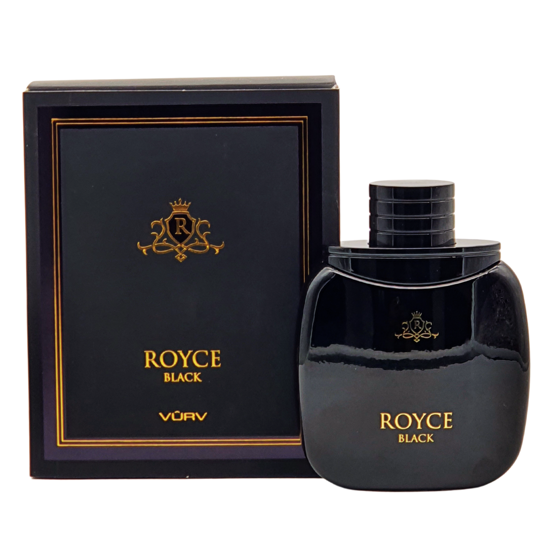 Vurv Royce Black For Him Eau De Parfum 100ml bottle with sleek black design and silver cap, men's fragrance in a glass bottle