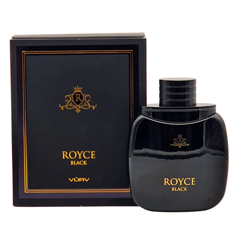 Vurv Royce Black For Him Eau De Parfum 100ml bottle with sleek black design and silver cap, men's fragrance in a glass bottle