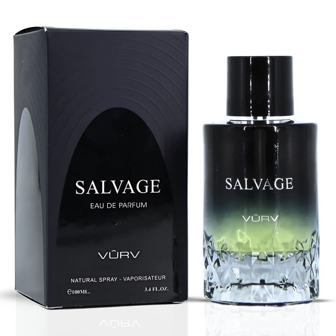 Vurv Salvage Eau de Parfum spray bottle, 100ml, front view showing the sleek glass design and label.
