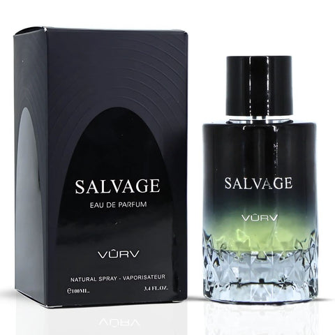 Vurv Salvage Eau de Parfum spray bottle, 100ml, front view showing the sleek glass design and label.
