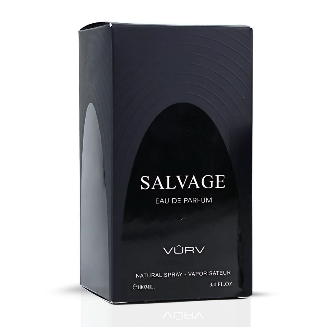 Salvage Eau de Parfum Spray 100ml by Vurv, with bottle and box, showcasing elegant fragrance packaging.