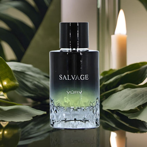 Vurv Salvage Eau de Parfum spray in a clear glass bottle, 100ml (3.4 oz), with elegant design and branding visible.