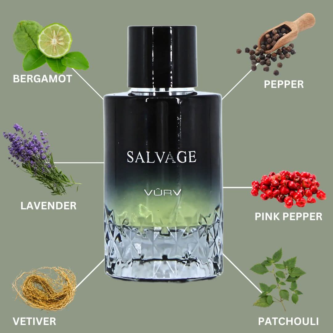 Vurv Salvage Eau de Parfum Spray 100ml, elegant bottle with dark label, showcasing the Vurv Salvage EDP design.