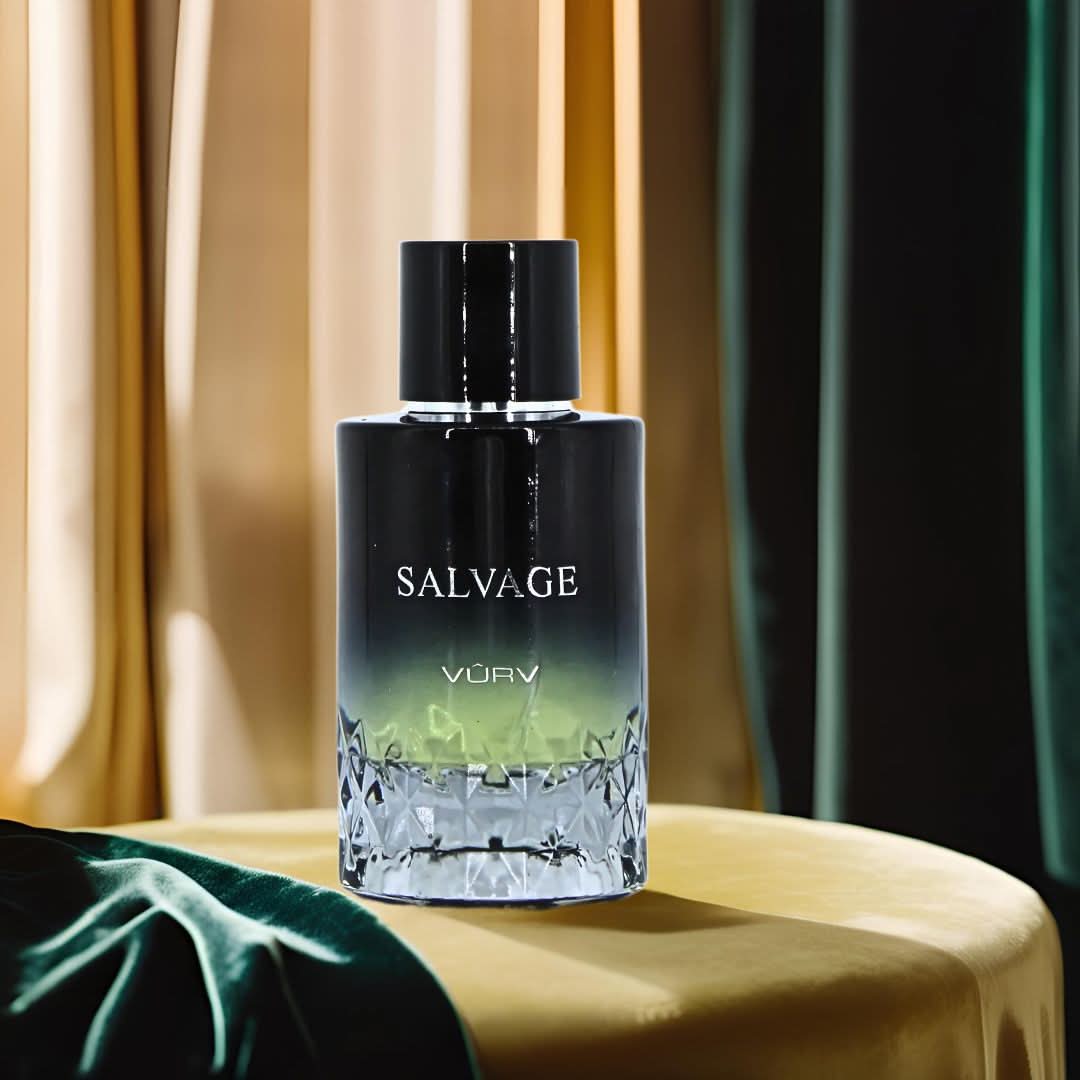 Vurv Salvage Eau de Parfum Spray 100ml bottle, showcasing the sleek glass design and elegant packaging.