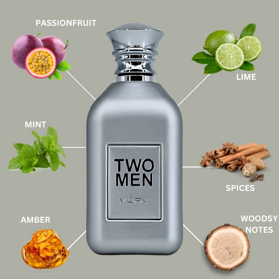 Vurv Two Men Eau de Parfum spray bottle with label, 100ml (3.4 oz), masculine fragrance for men