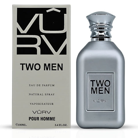 Vurv Two Men Eau de Parfum spray bottle, 100ml, with sleek design and clear label, for masculine fragrance.