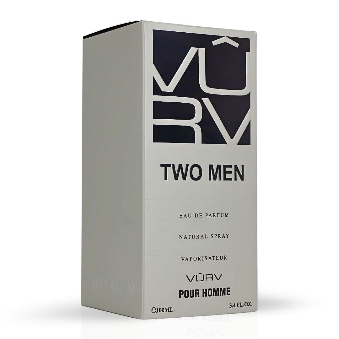 Vurv Two Men Eau de Parfum spray for men, 100ml bottle, sleek design with silver cap and modern branding.