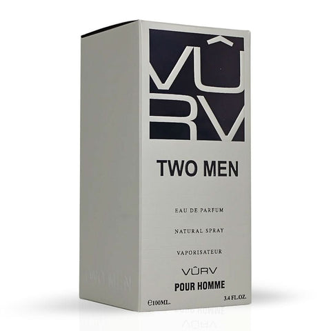 Vurv Two Men Eau de Parfum spray for men, 100ml bottle, sleek design with silver cap and modern branding.
