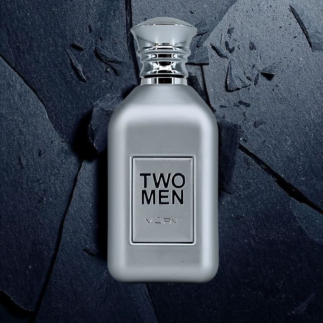 Vurv Two Men Eau de Parfum spray for men, 100ml bottle with sleek design and dark-colored cap, displayed against a neutral background.