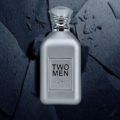 Vurv Two Men Eau de Parfum spray for men, 100ml bottle with sleek design and dark-colored cap, displayed against a neutral background.