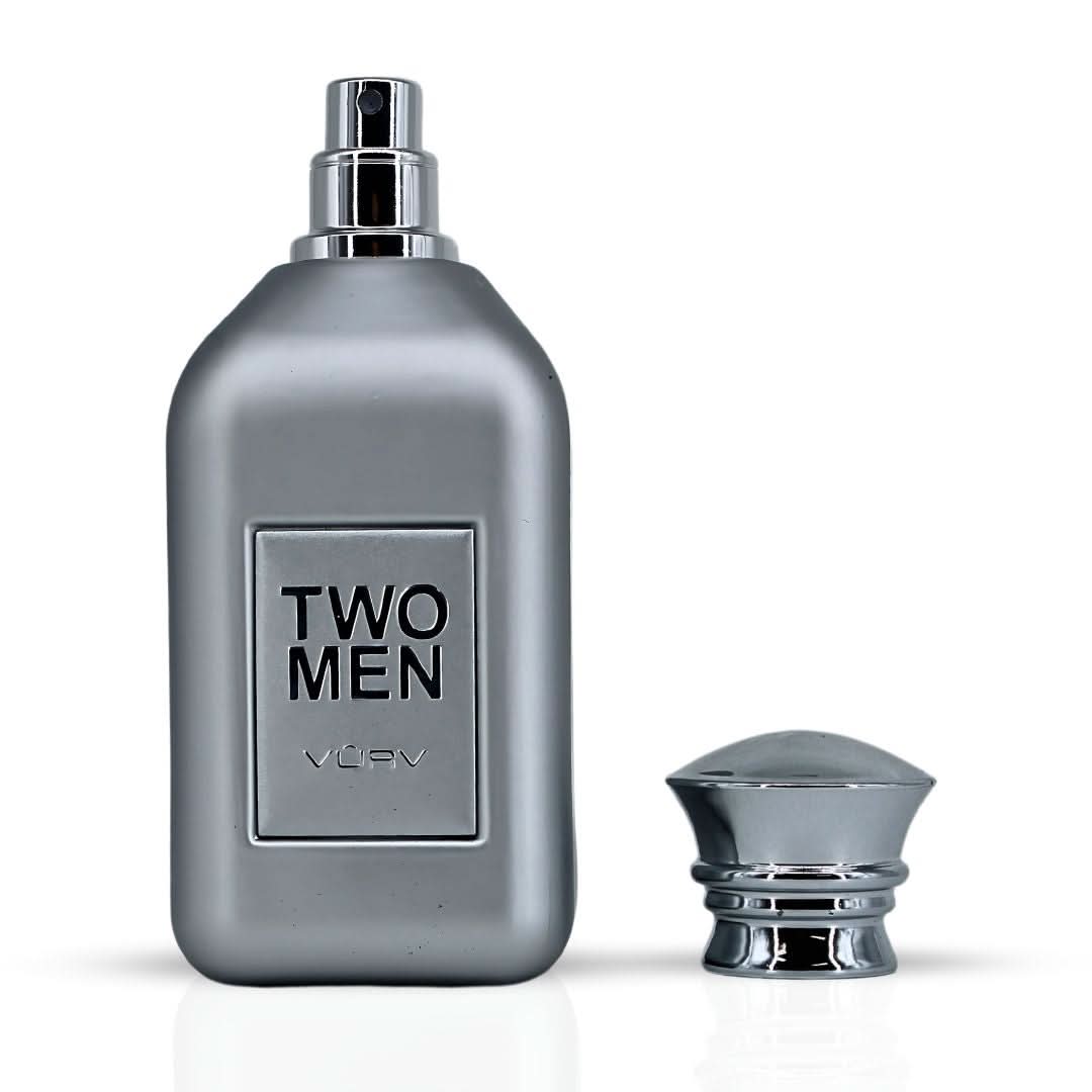 Vurv Two Men Eau de Parfum spray bottle with nozzle, 100ml, featuring sleek packaging and elegant design.