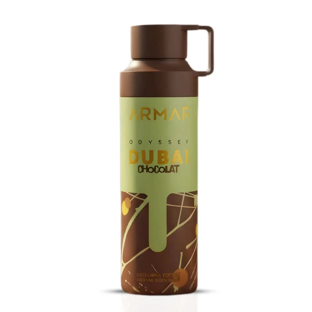Odyssey Dubai Chocolate Perfumed Body Spray by Armaf, 200ml deodorant bottle with elegant design.