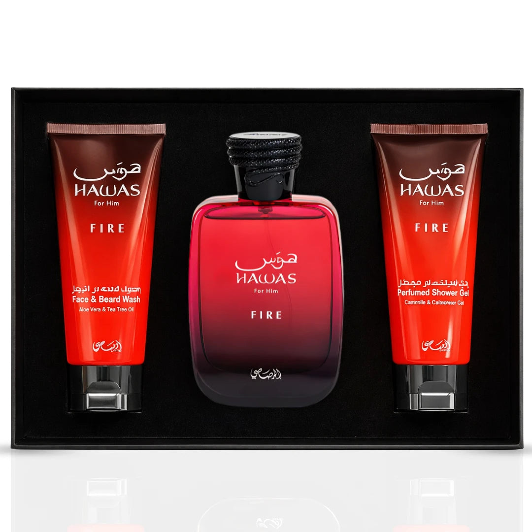 Rasasi Hawas Fire 3-piece perfume gift set with bottles featuring sleek designs and decorative packaging.