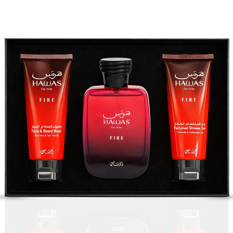 Rasasi Hawas Fire 3-piece perfume gift set with bottles featuring sleek designs and decorative packaging.