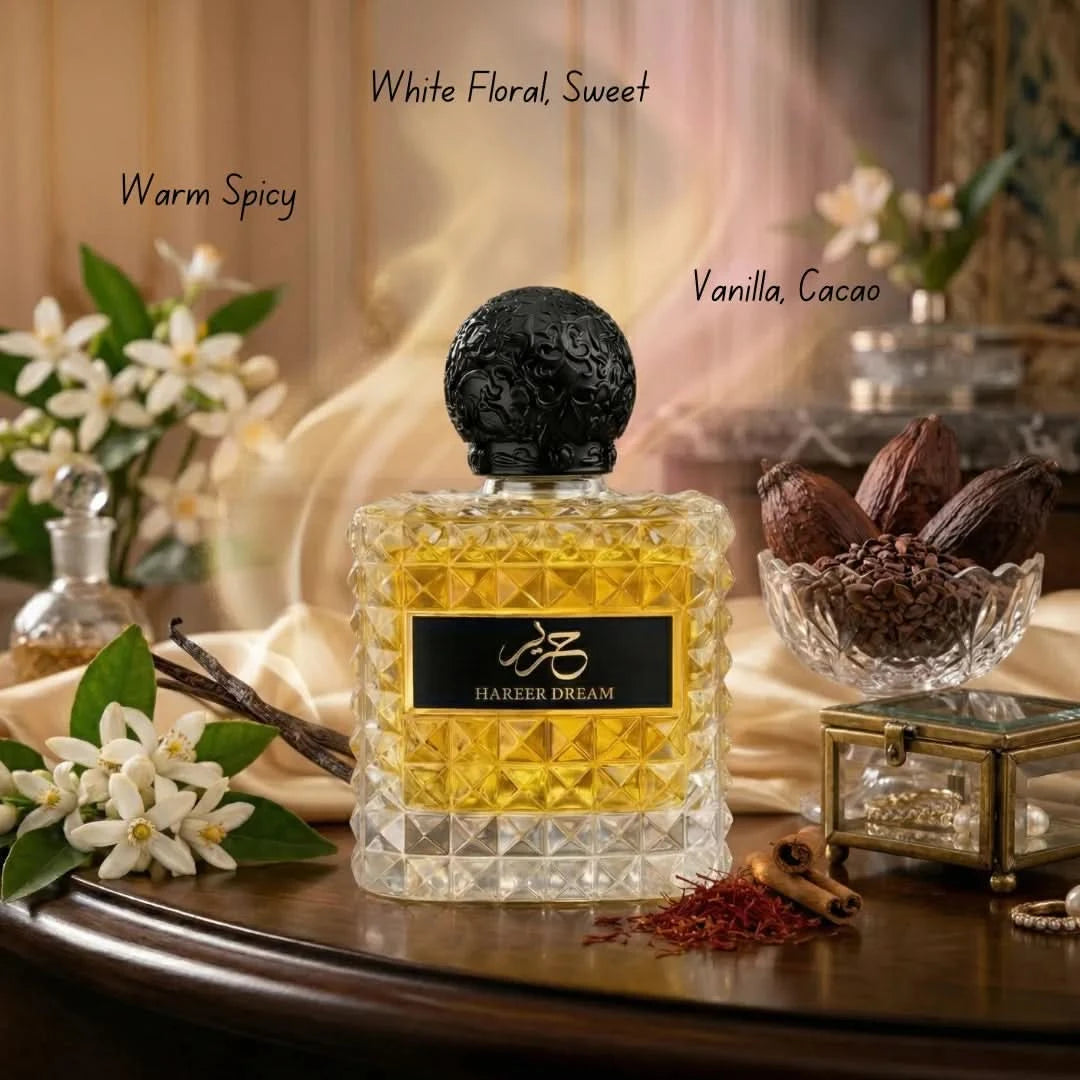 Aura Fragrances Hareer Dream Eau De Parfum spray 100ml bottle, elegant design, showcasing the perfume bottle with floral accents.