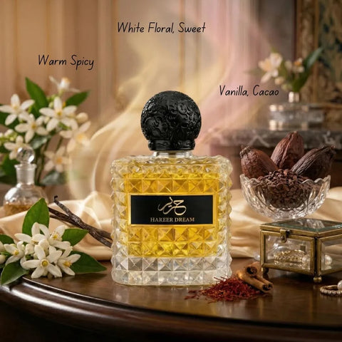 Aura Fragrances Hareer Dream Eau De Parfum spray 100ml bottle, elegant design, showcasing the perfume bottle with floral accents.