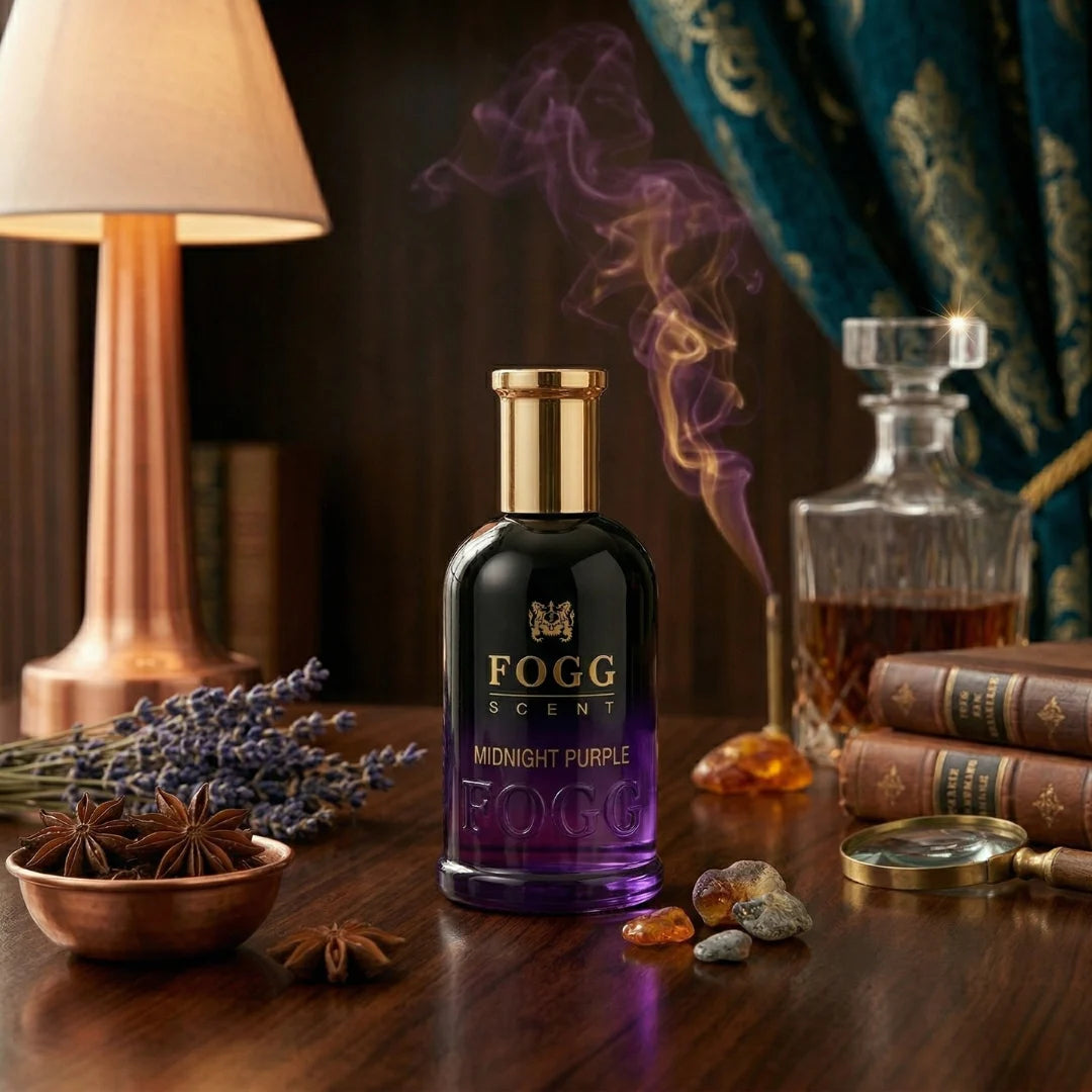 Midnight Purple women's Eau de Parfum spray by FOGG, 100ml bottle with purple floral design and elegant packaging.