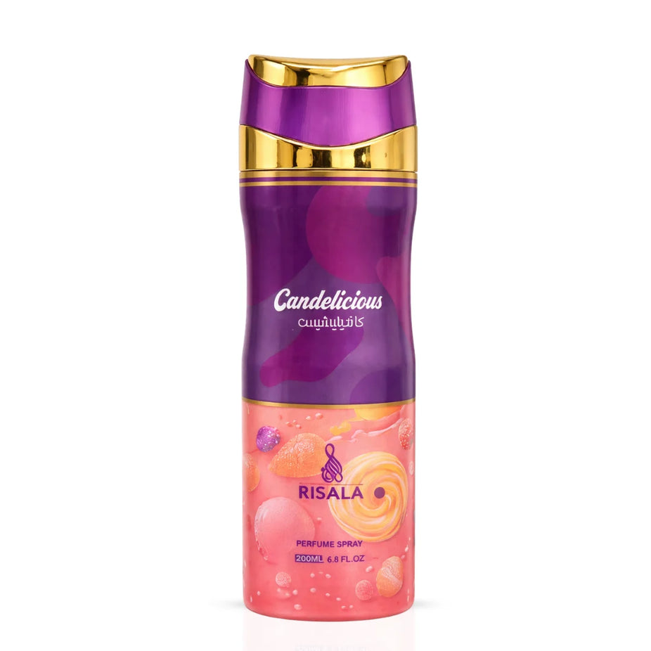 RISALA Candelicious Perfumed Body Spray 200ml deodorant bottle with floral and fruity scent, elegant packaging, and spray nozzle.