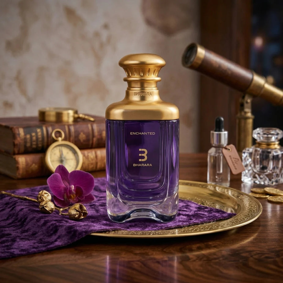 Bharara Enchanted Eau de Parfum Spray 100ml bottle with elegant packaging and floral decorative elements.