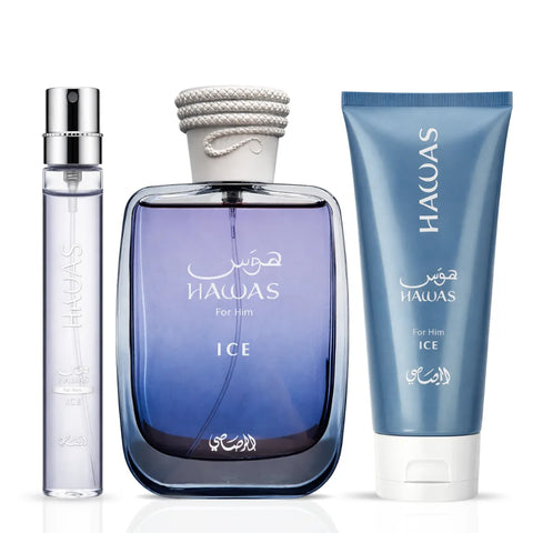 Rasasi Hawas Ice 3-piece perfume gift set with elegant bottles and packaging, featuring fresh and aromatic fragrances.