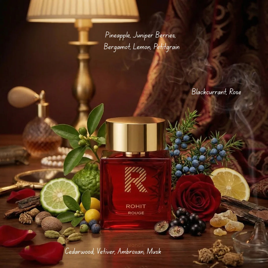 Rohit Rouge Eau de Parfum Spray 100ml by Bharara, featuring a sleek bottle with a deep red fragrance cap.